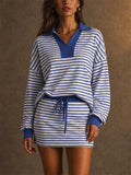 Women Striped Knit 2 Piece Set Polo Top and Mini Skirt