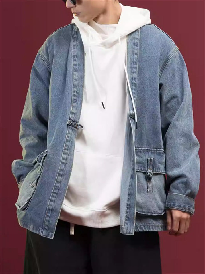 Men's Solid Color Long Sleeve Collarless Cardigan Denim Jacket