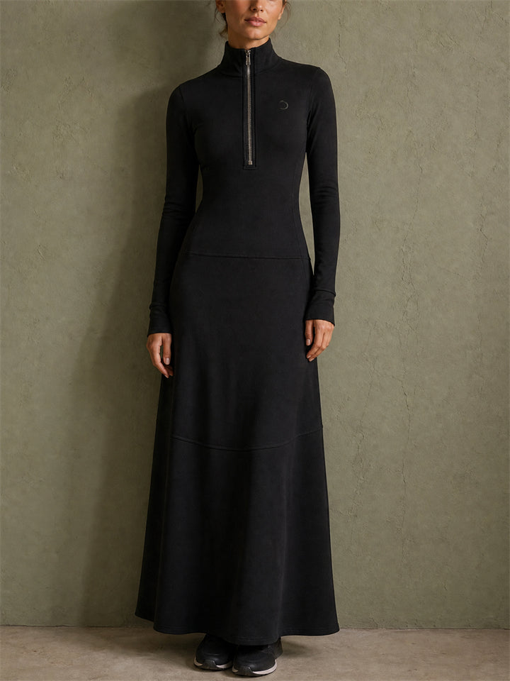Womens Casual Black Half Zip Long Sleeve Maxi Dress