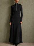 Womens Casual Black Half Zip Long Sleeve Maxi Dress