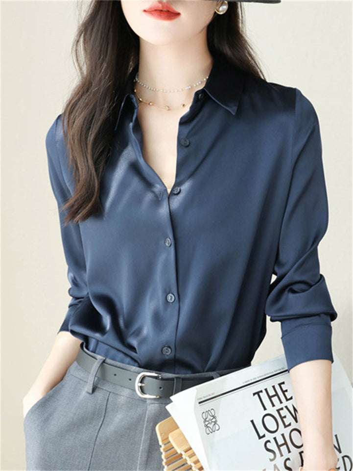 Ladies' Elegant Autumn OL Style Solid Color Long-sleeve Satin Shirts