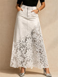 Women High Waist Floral Lace Patchwork Denim Maxi Skirt