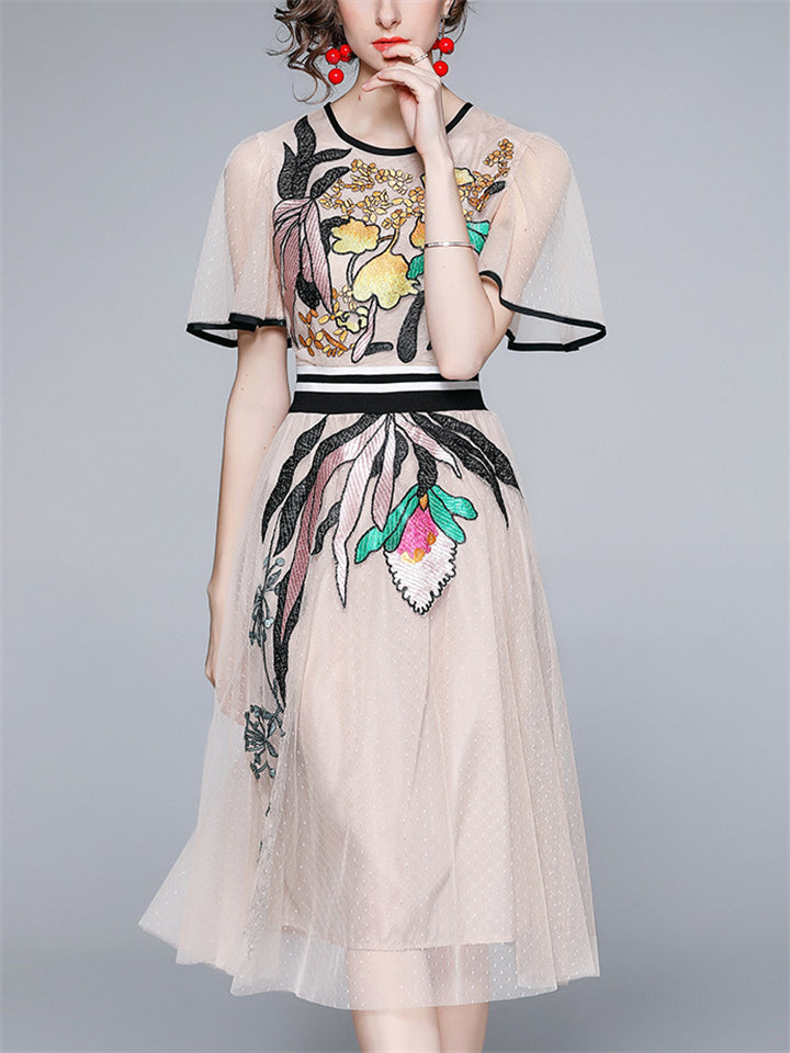 Women's Summer Mesh Print Round Neck Midi Dress