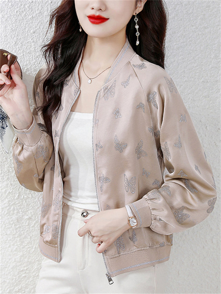 Women's Casual Butterflies Pattern Waist Length Baseball Collar Jacket