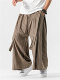 Men's Chinese Style Cotton Striped Wide Leg Pants with Strap