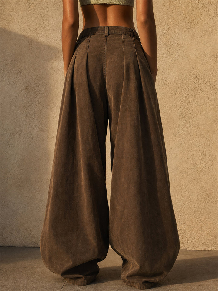 Women High Waist Pleated Baggy Wide Leg Casual Office Pants