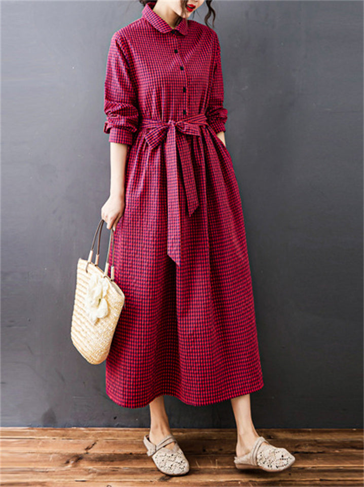 Women's Red Plaid Long Sleeve Lapel Tie-waist Dress