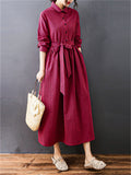 Women's Red Plaid Long Sleeve Lapel Tie-waist Dress
