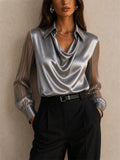 Womens Satin Cowl Neck Sheer Striped Sleeve Blouse