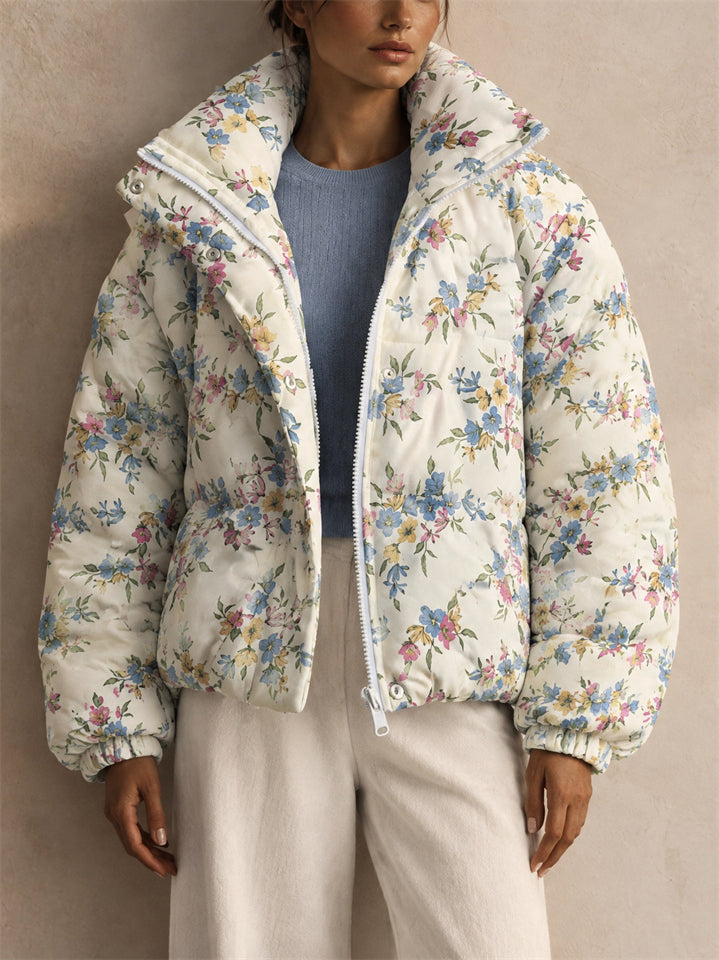 Women Stylish Floral Print Zip Up Stand Collar Quilted Puffer Coat