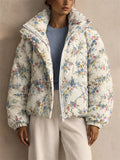 Women Stylish Floral Print Zip Up Stand Collar Quilted Puffer Coat