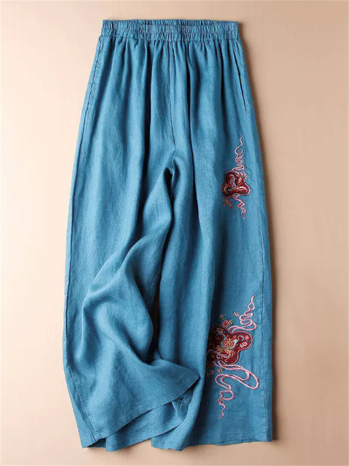 Women's Simple Comfy Ethnic Style Embroidered Wide Leg Pants