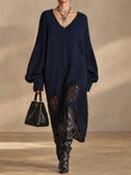Women V Neck Oversized Knit Long Sleeve Sweater Dress with Crochet Hem
