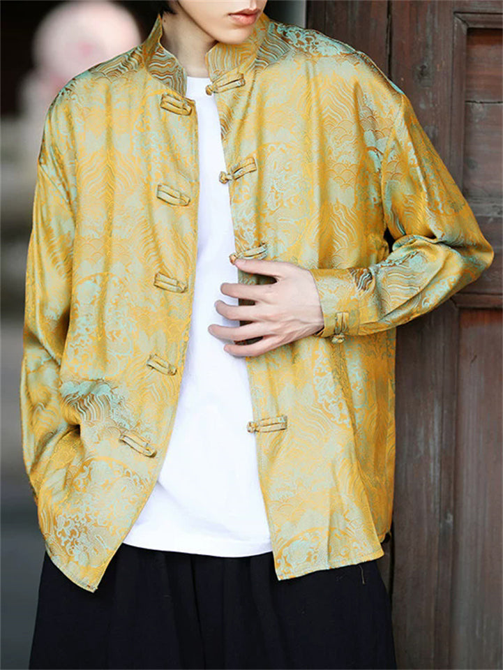 Men's Chinese Style Jacquard Brocade Cardigan Shirts with Stand Collar