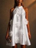 Women 3D Floral Beads Halter Mini Prom Cocktail Dress