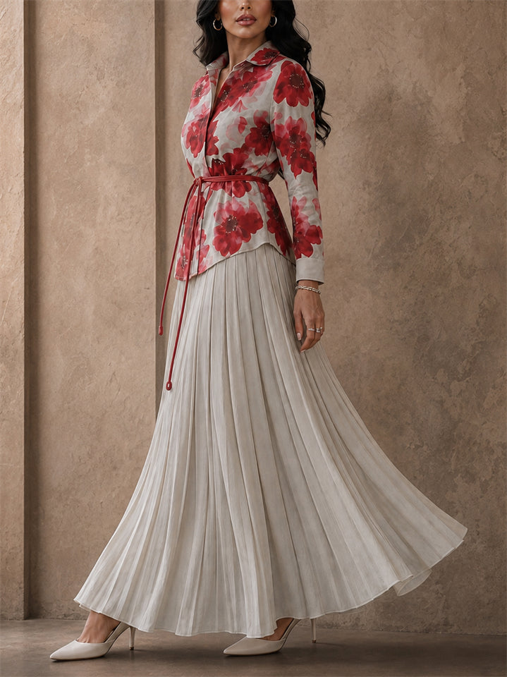 Women's Elegant 2pc Floral Long Sleeve Shirt and Pleated Maxi Skirt Set