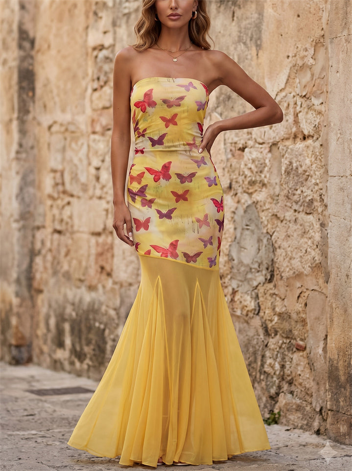 Women's Trendy Yellow Butterfly Strapless Mesh Mermaid Hem Maxi Dress