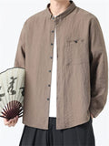 Chinese Style Linen Shirt Button Pocket Man Loose Men’s Top