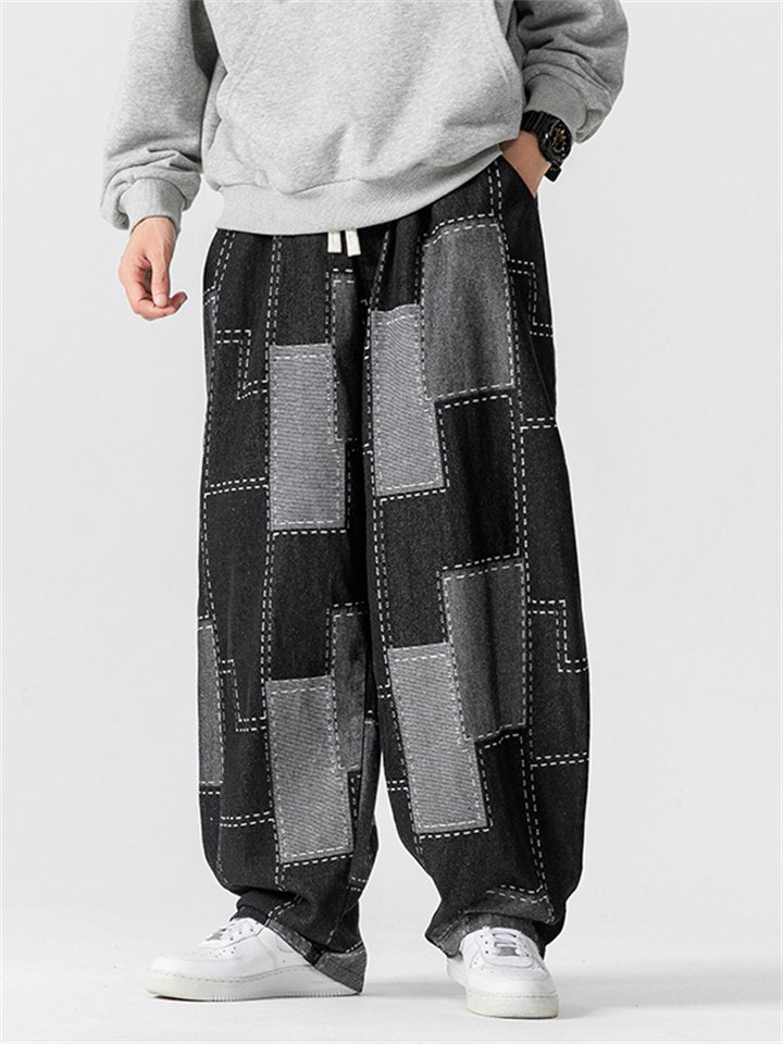Japanese Style Retro Loose Wide Leg Patchwork Jeans for Men
