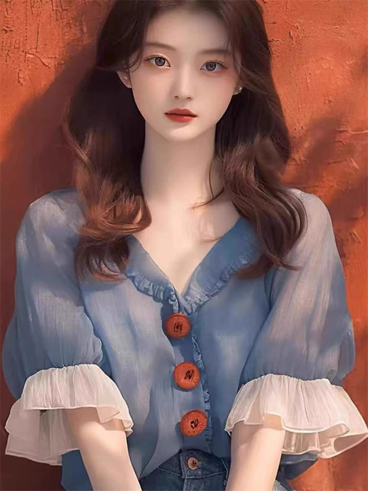 Women's Summer French Style Blue Lotus Leaf Short Sleeved Shirts