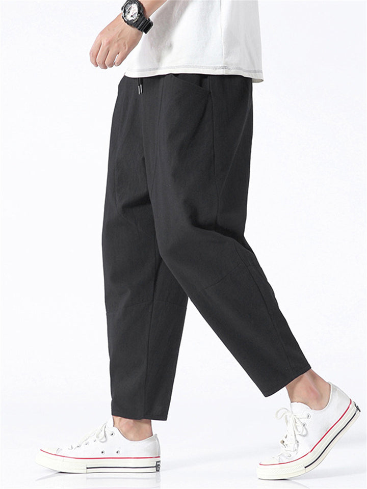 Men's Japanese Style Solid Color Pockets Cropped Pants