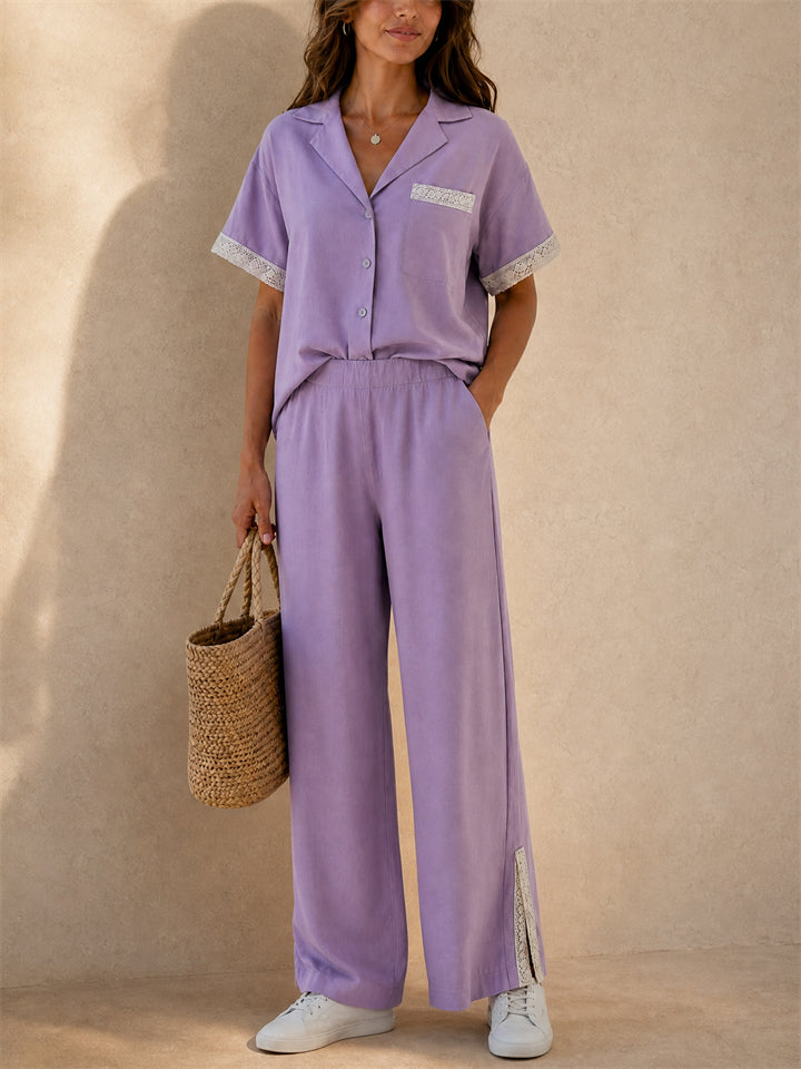 Women Lace Trim 2 Piece Button Down Shirt Wide Leg Pants Set