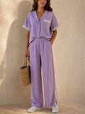 Women Lace Trim 2 Piece Button Down Shirt Wide Leg Pants Set