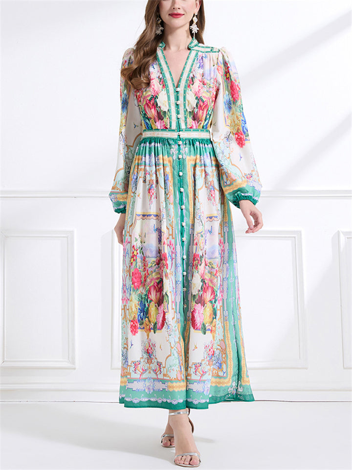 Women's Elegant V Neck Long Sleeve Floral Print Dress