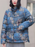 Women's Retro Print Stand Collar Long Sleeve Padded Coat