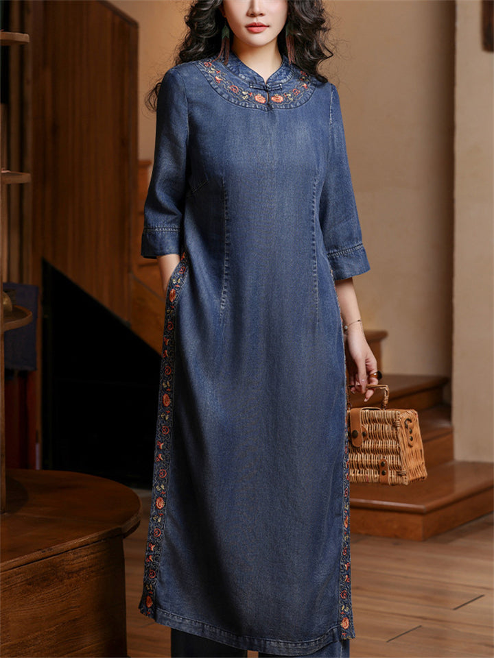 Women Ethnic Medium Long Sleeves Denim Cheongsam Style Top and Elastic Waist Pant Set