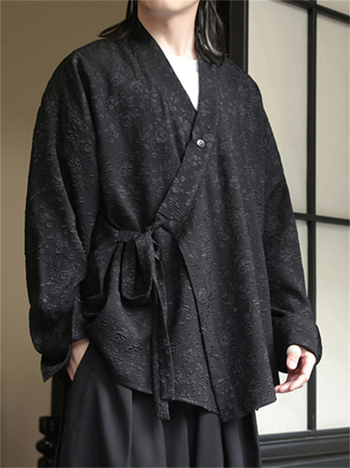 Chinese Zen Style Jacquard Slant Placket Tie Waist Hanfu Cardigan Shirts