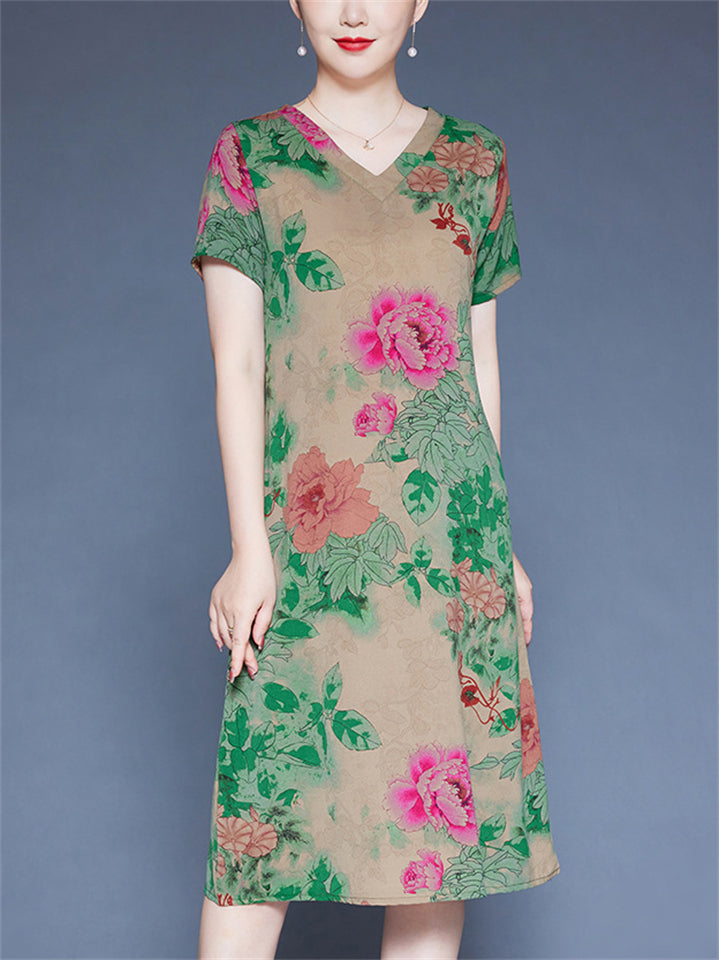 Summer Casual V-neck Floral Print Short Sleeve Dress for Women