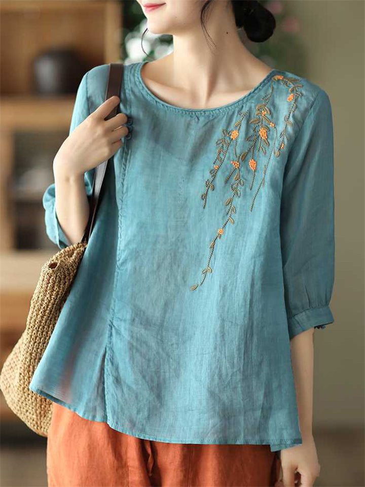 Summer Cotton Linen Embroidery Half Sleeve Shirt for Women