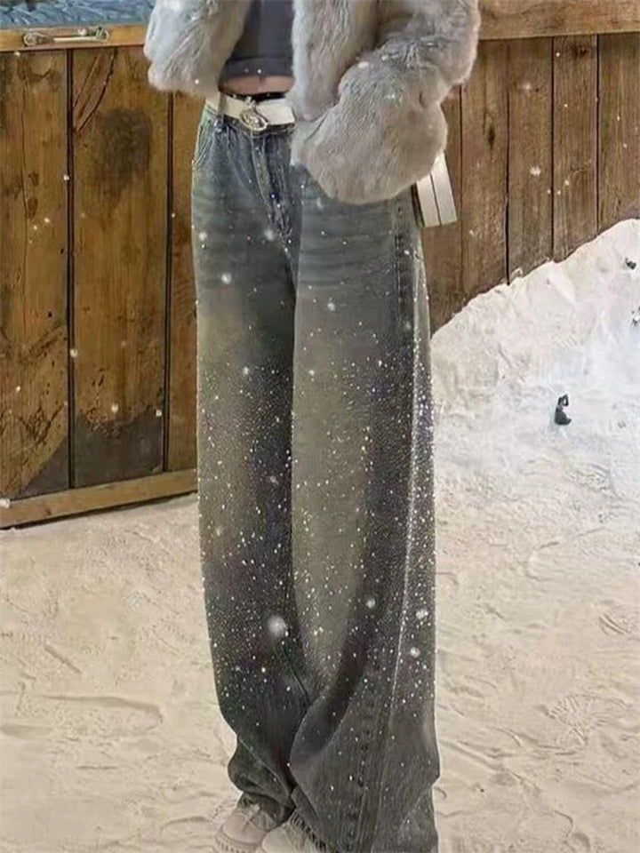 Women's Spring Rhinestone Glitter Wide Leg Flare Denim Pants