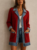 Womens Denim Patchwork Ribbed Knit Long Sleeve Casual Jacket