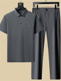 Men's 2Pcs Summer Cool Polo Collar Seamless Solid Color Outfits