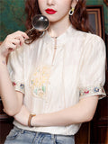 Chinese Style Elegant Embroidery Stand Collar Short Sleeve Shirt for Women