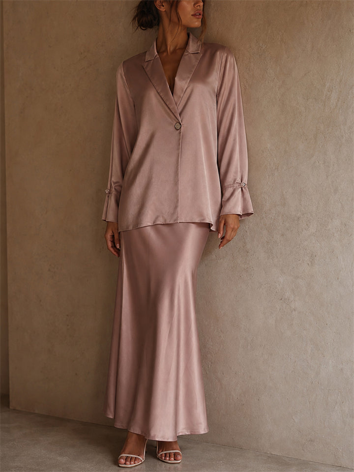 Women 2 Piece Pink Formal Satin Blazer and Maxi Skirt Set