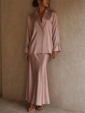 Women 2 Piece Pink Formal Satin Blazer and Maxi Skirt Set