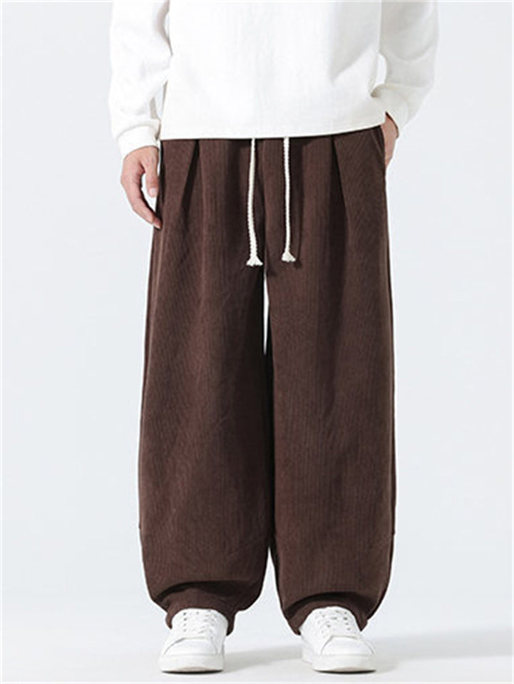Chinese Style Drawstring Corduroy Wide Leg Pants for Men with Elastic Waist