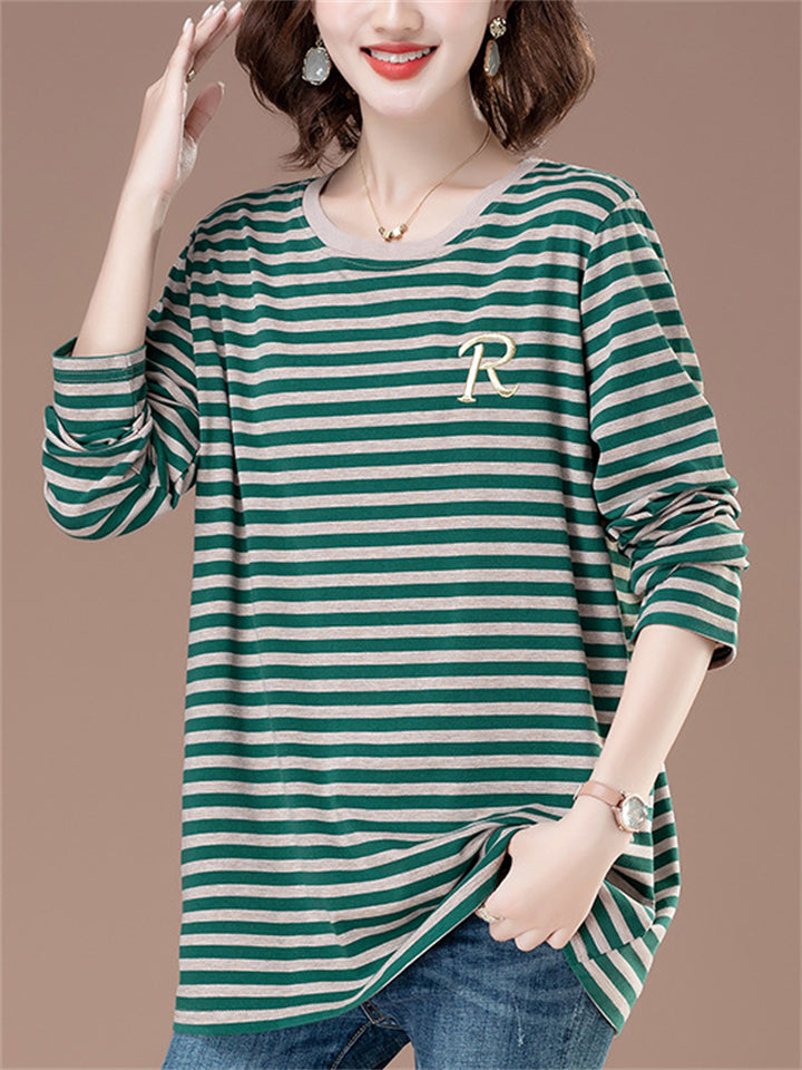 Women's Loose Cotton Stripe O-Neck Long Sleeve Shirts