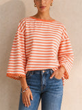 Womens Striped Oversized Long Sleeve Scallop Trim Top