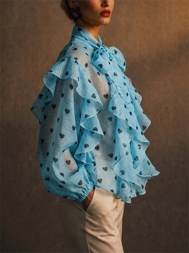 Women French Style Polka Dots Heart Print Ruffle Lantern Sleeve Blouse