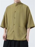 Men's Summer Retro Solid Color Stripe Loose Short Sleeve Shirts