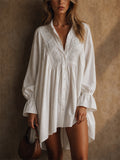 Womens White Cotton Blend Boho Puff Sleeve Lace Shirt Dress