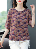 Female Elegant Summer Floral Print O-Neck Half Sleeve Shirt