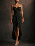 Womens Sexy Ruched Ruffle Bodycon High Low Slit Maxi Dress
