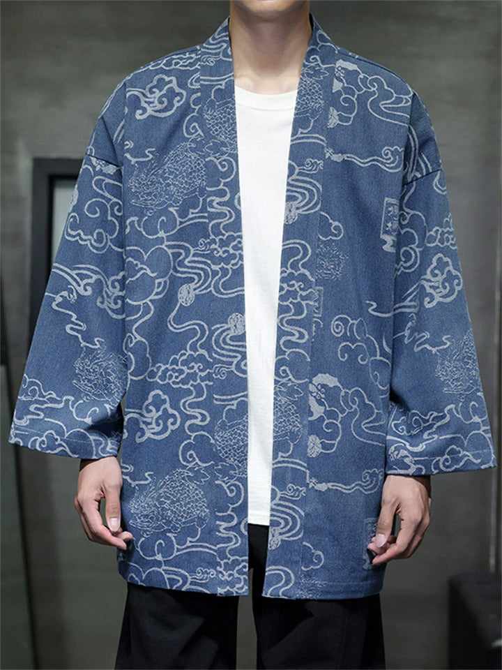 Men's Chinese Style Open Front Cardigan with Dragon Pattern Loose Fit Shirt