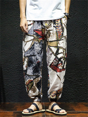 Men's Cotton Linen Print Drawstring Jogger Pants