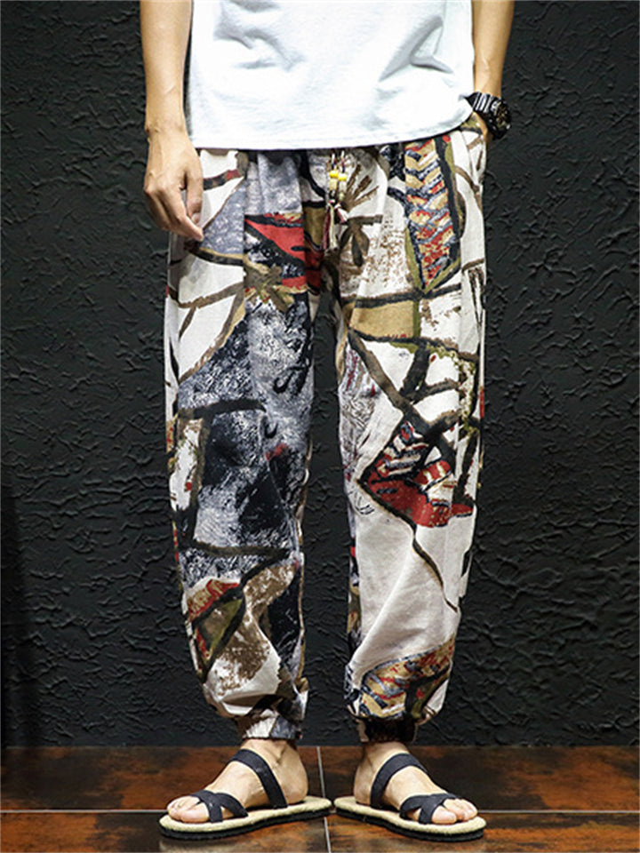 Men's Cotton Linen Print Drawstring Jogger Pants
